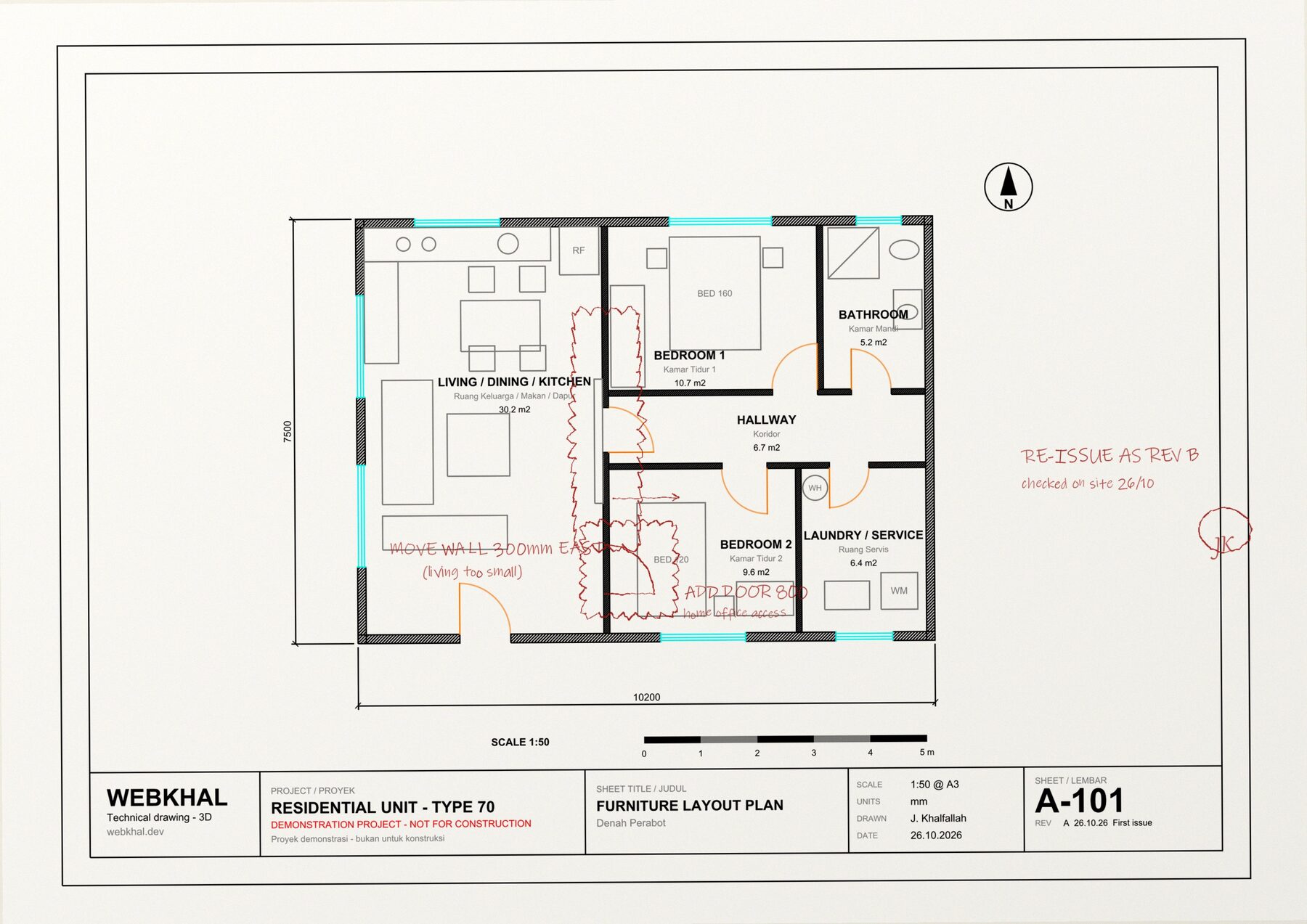 Feuille A-101 annotée au stylo rouge (redlines de chantier)