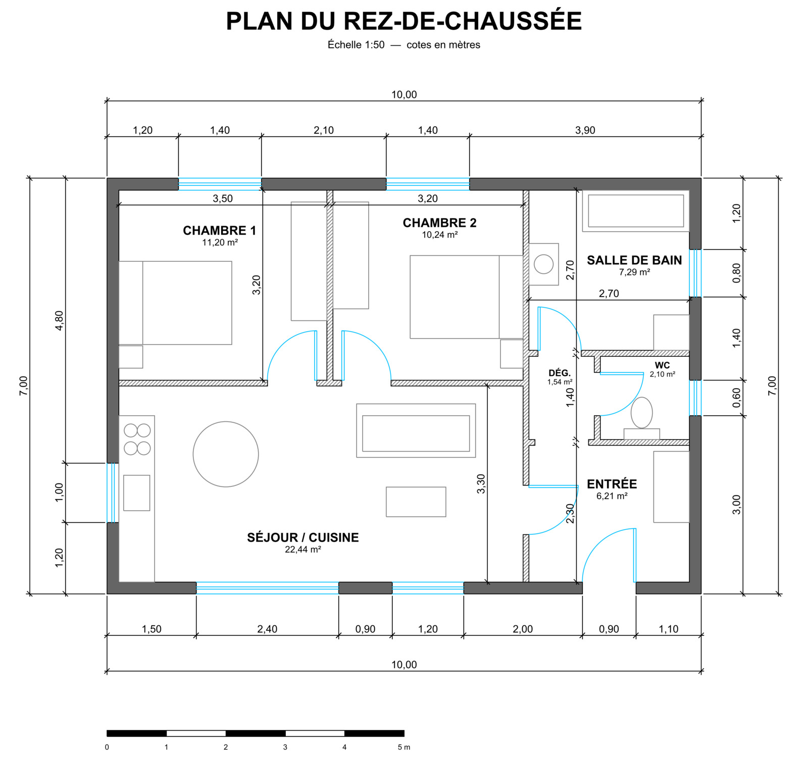 Plan AutoCAD finalisé, coté et hachuré