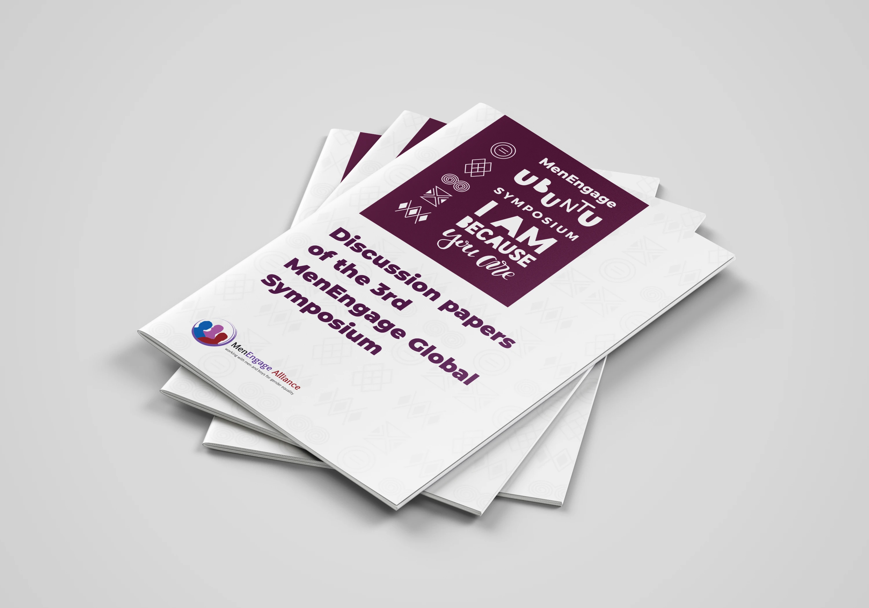 Collection de publications A4 multilingues pour symposium international — couvertures à motifs violet