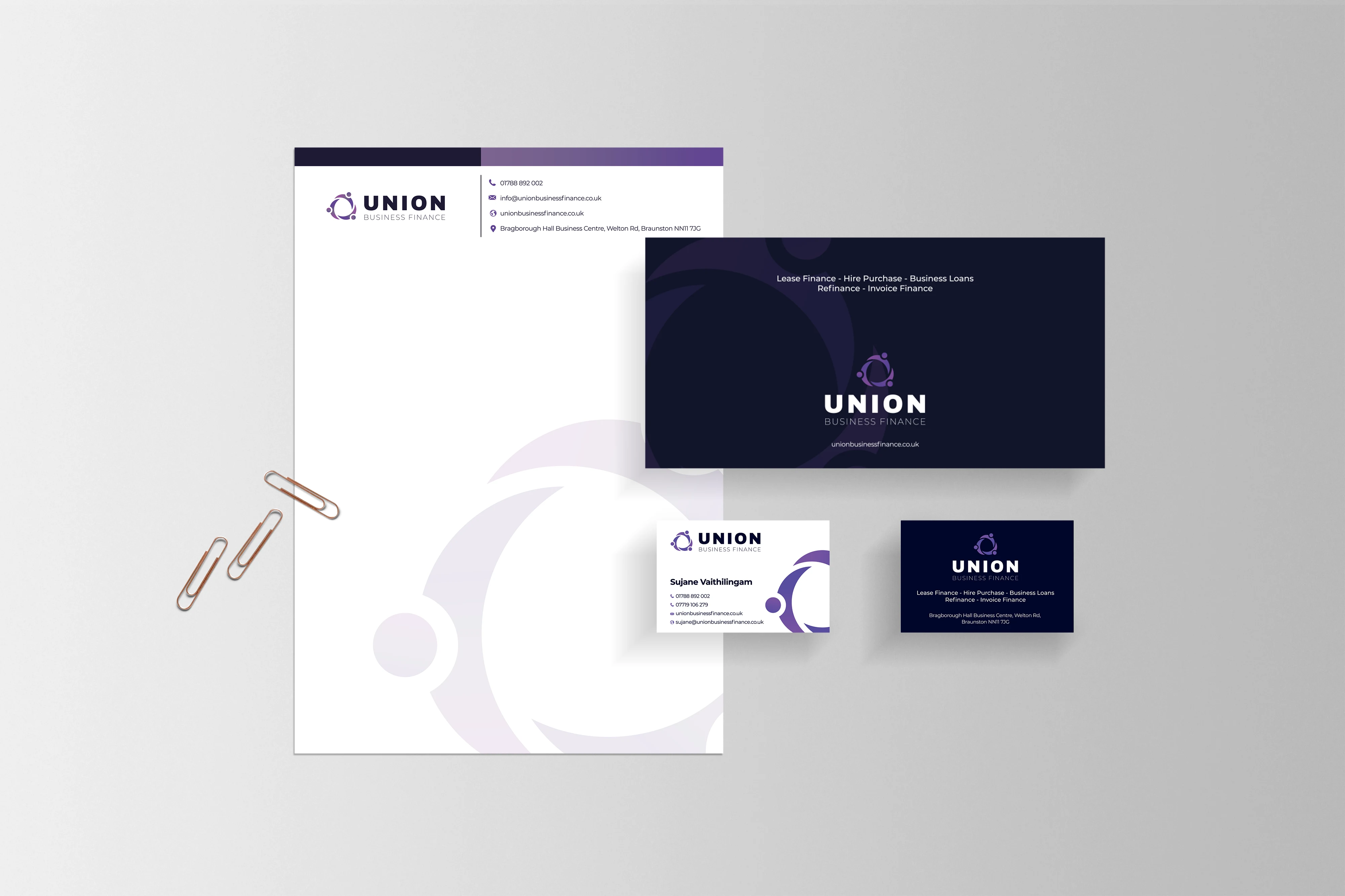 Identité visuelle complète société de financement B2B — papeterie, cartes de visite, logo violet