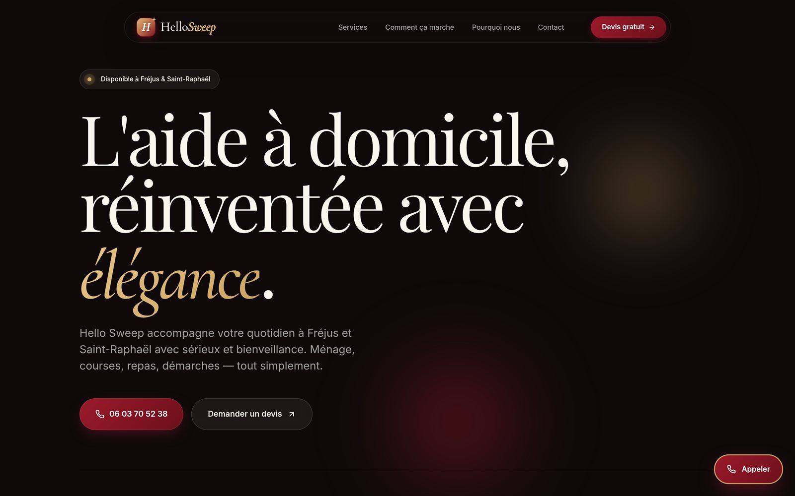 Hello Sweep — site vitrine service d'aide à domicile à Fréjus et Saint-Raphaël