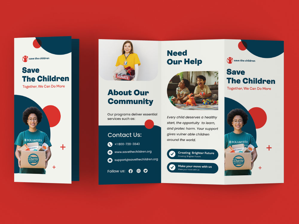 Plaquette commerciale tri-fold pour association caritative — design rouge et crème avec formes organiques