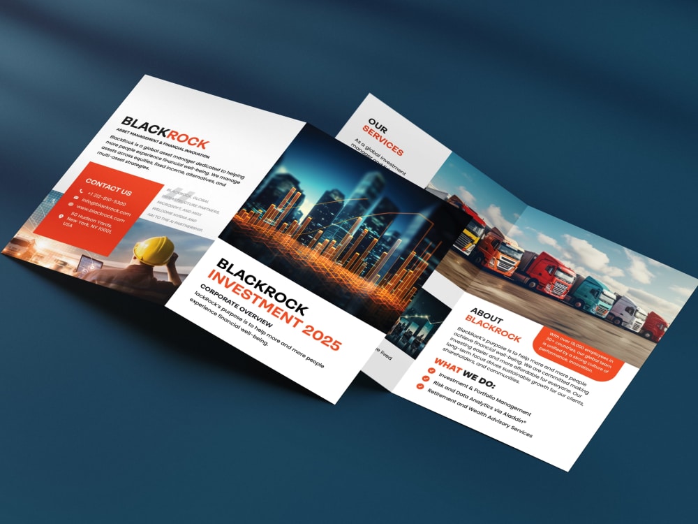 Plaquette commerciale tri-fold pour société de finance et gestion d'actifs — design orange et bleu nuit
