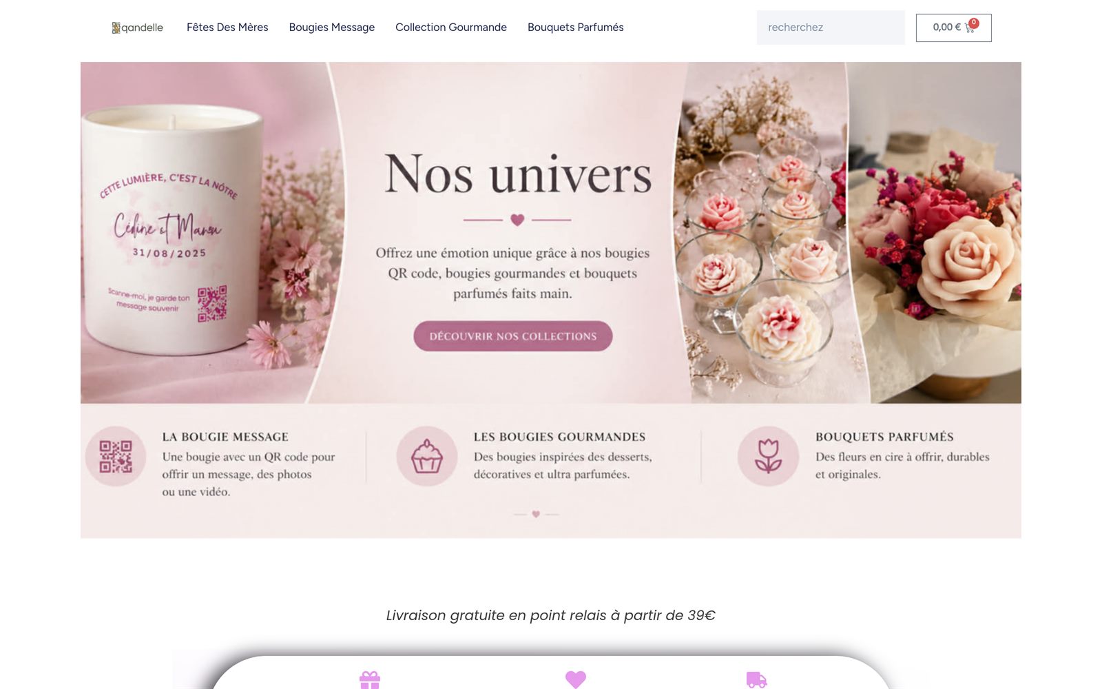 Q'andelle — boutique e-commerce de bougies QR code, gourmandes et bouquets parfumés